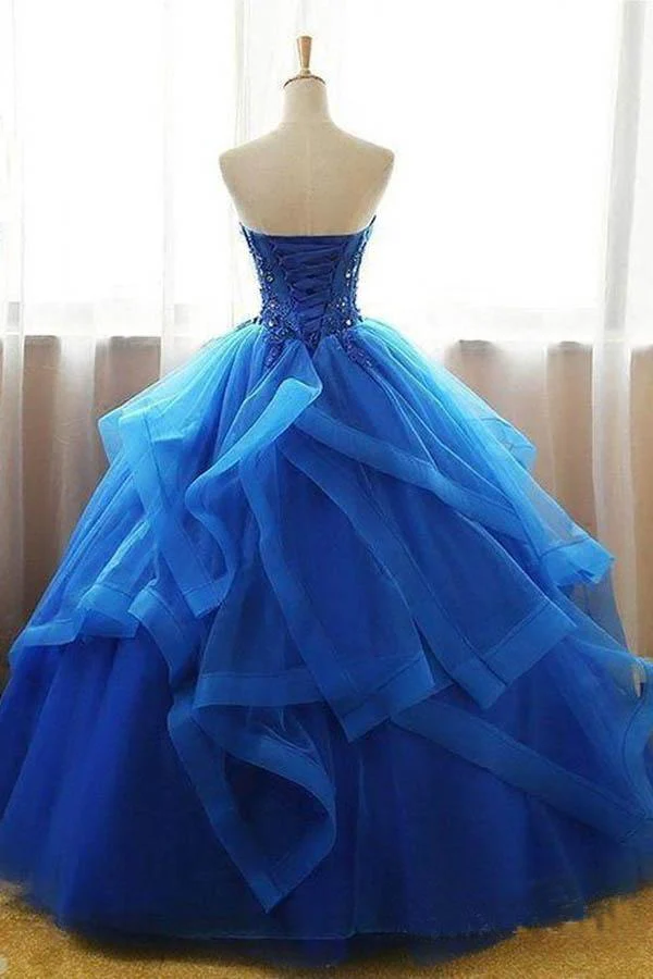 Mexikansk Organza Axelbandslös Royal Blue Balklänning Balklänning Quinceanera Klänning - Bild 3