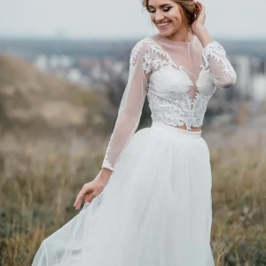 Modern Rustik Långärmad Spets Crop Top Bröllopsklänning Brudklänning Separeras med Tyll kjol