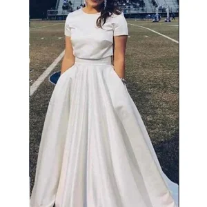 Modest Kort ärm Tvådelad Brudseparation Crop Top Bröllopsklänning med fickor 20082678