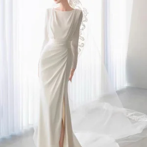 Modest Simple Long Sleeves Silk Wedding Dress with Side Slit