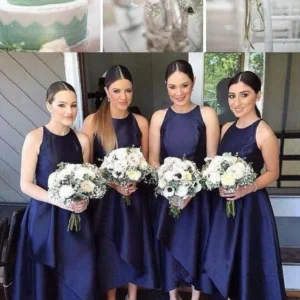 Marinblå grimma hals hög låg te Längd brudtärna klänningar