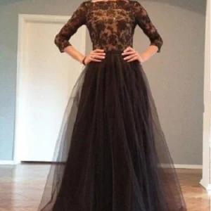 Svart Balklänning Spetstopp Tyll Balklänning med ärmar