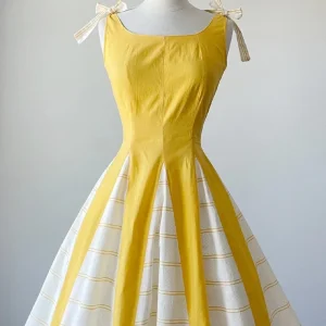 New Arrival 50s Yellow Boat Neck Full Circle Skirt Vintage Dress