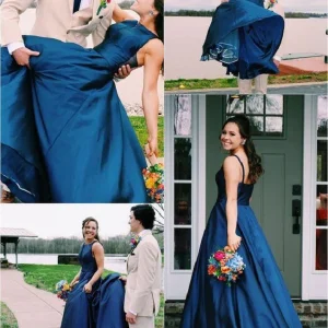 Nyankomst Bateau Neck Marinblå lång balklänning examensklänning