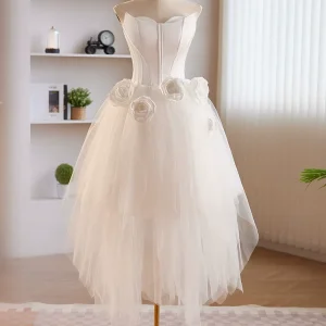 Strapless High Low White Homecoming Dress Trimmed with Flowers