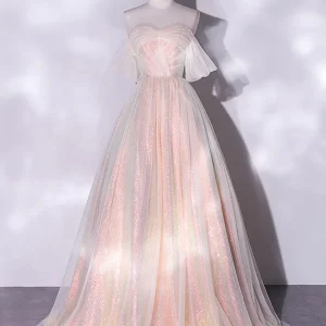 Pink Off Shoulder Tulle A-Line Prom Dresses