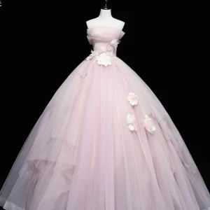 Pink Tulle Lace Applique Long Prom Dress Sweet Sixteen Pink Gown