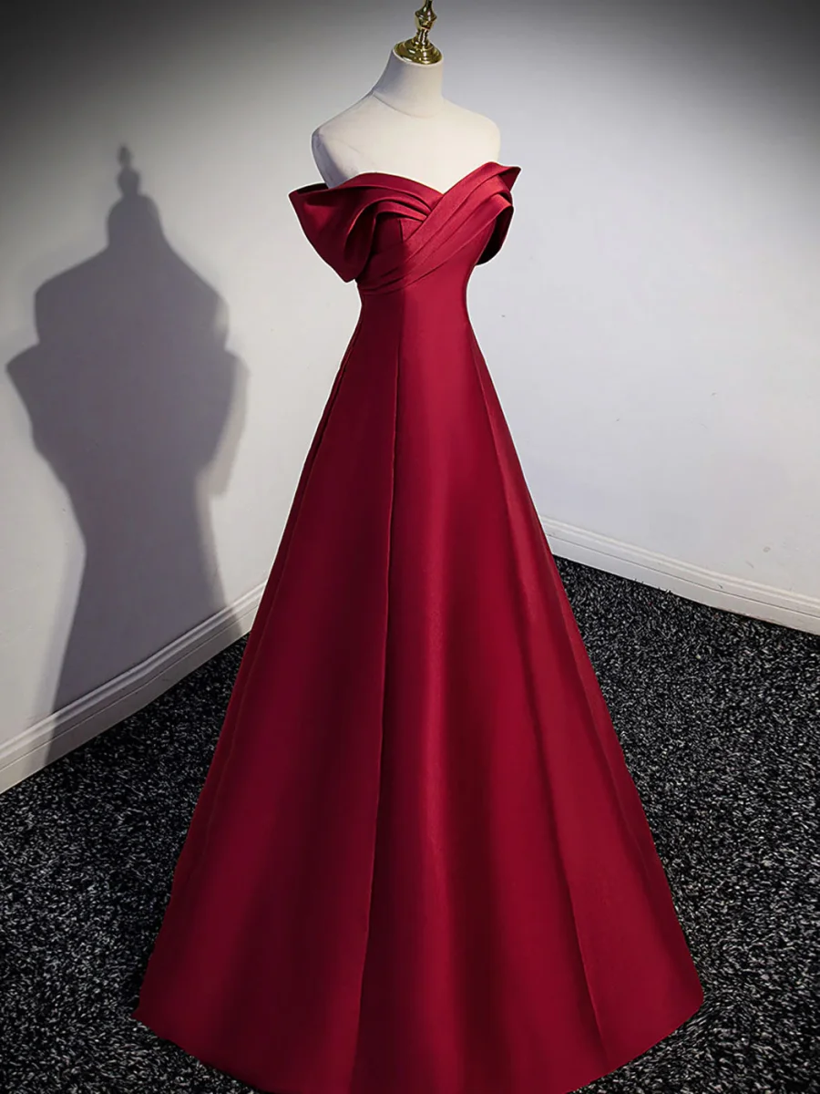 Off The Shoulder Röd Satin Formell Klänning Balklänning - Bild 4