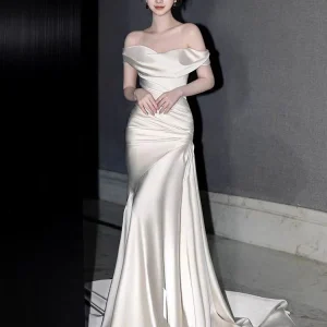 Off The Shoulder Fit and Flare Pure Silk Wedding Dress with Court Train