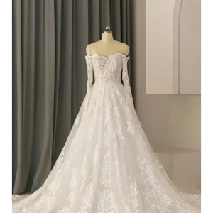 Off The Shoulder Lace A-line See Through Long Sleeve Wedding Dress