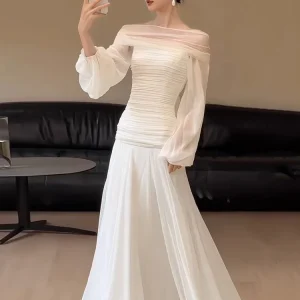 Off The Shoulder Pleated 100% Silk Chiffon Wedding Dress with Long Bubble Sleeves