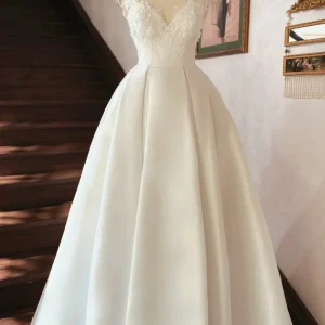 Open Back Illusion Neck Satin Bridal Wedding Dress