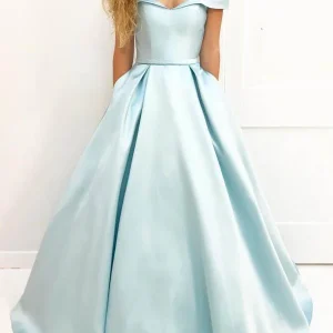 Blekblå A-linje Satin Off Shoulders Lång Balklänning | Enkel Sweet 16 Klänning