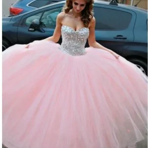 Princess Sparkly Beading Rosa Balklänning Tyll Balklänning | Quinceanera klänningar