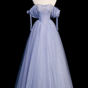 Blue Tulle Long A Line Prom Dress Beading Formal Gowns