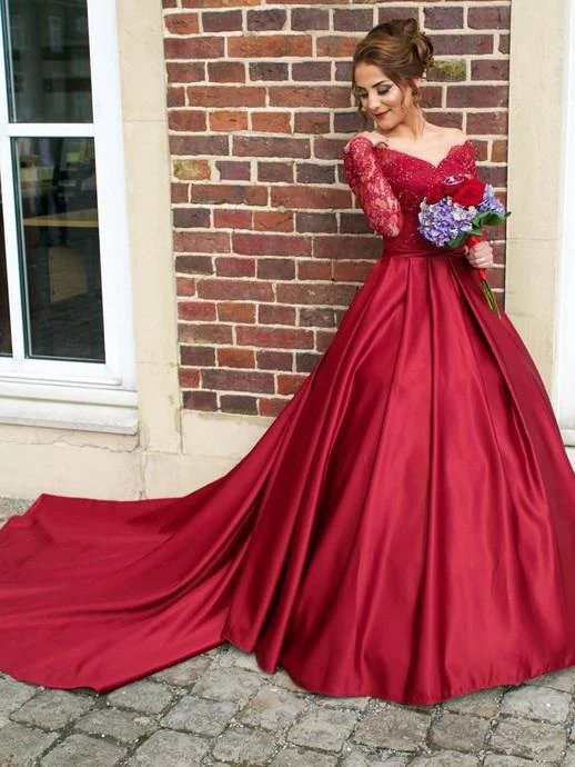Röd Off the Shoulder Spets Top Balklänning Bröllopsklänning med långa ärmar - Bild 2