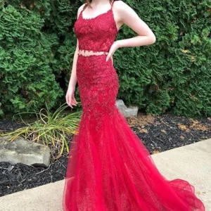 Red Spaghetti Strap Lace Tulle Two Piece Long Prom Dress