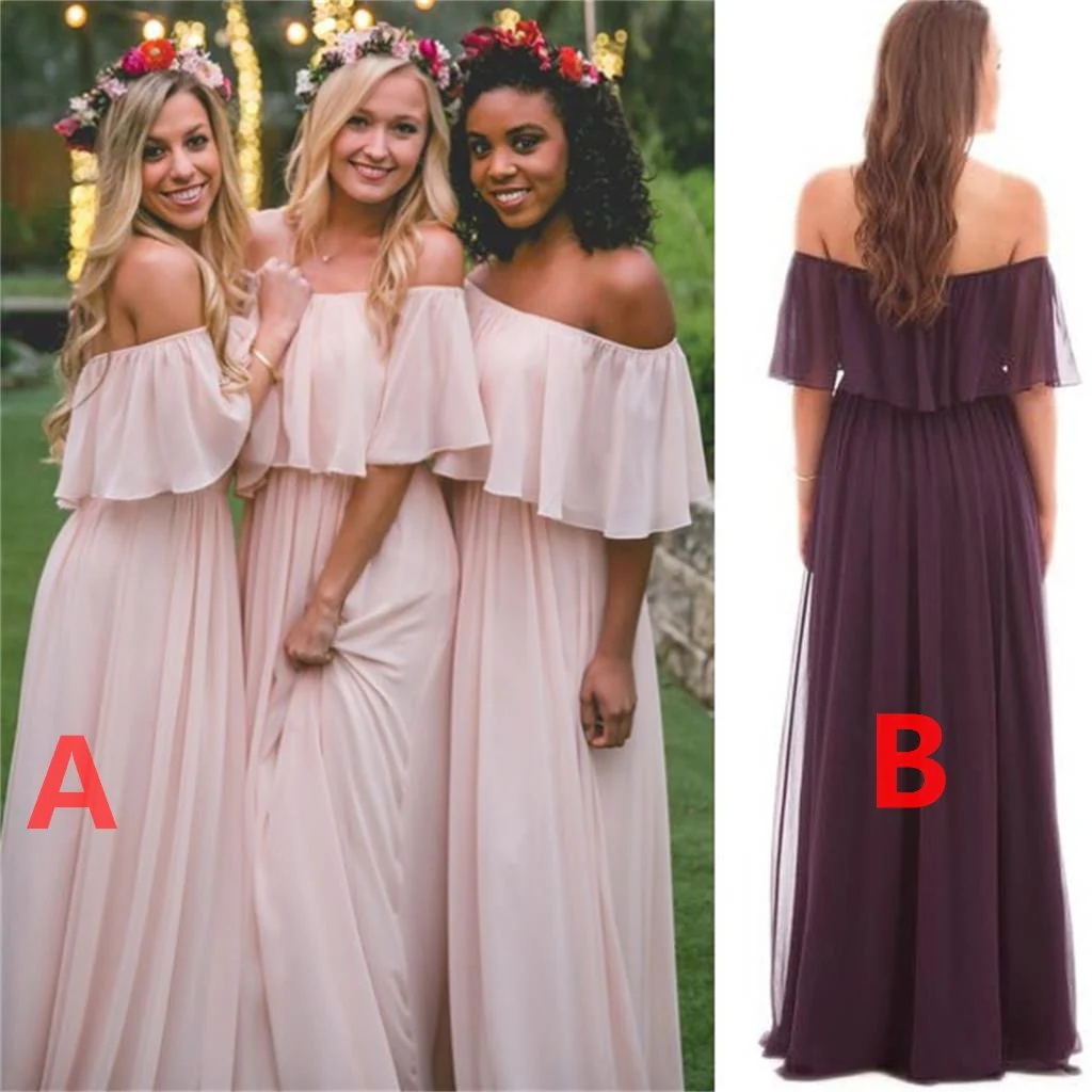 Raffinerad höst Chiffong Boho Off The Shoulder Långa sommar brudtärna klänningar - Bild 3
