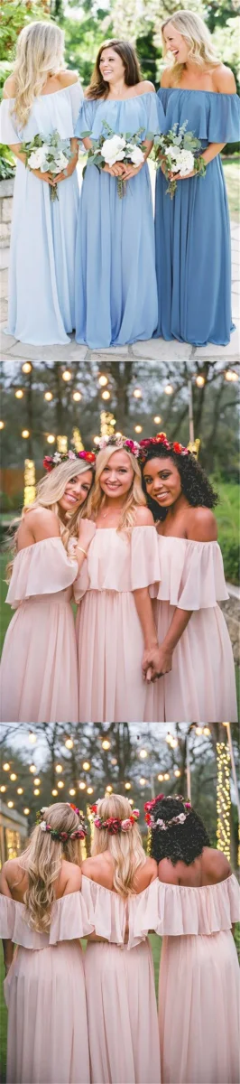 Raffinerad höst Chiffong Boho Off The Shoulder Långa sommar brudtärna klänningar - Bild 4