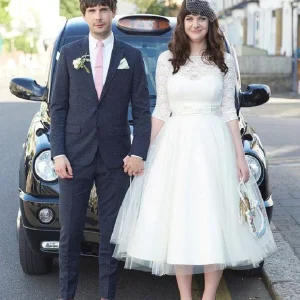 Rockabilly Hochzeitskleider 50er Jahre Hochzeitskleid Te Lång Bröllopsklänning med ärmar