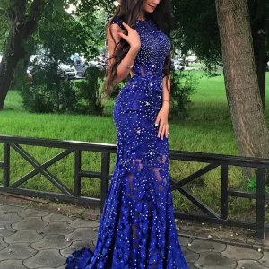 Glitter Royal Blue Formell Spets Balklänning med öppen rygg