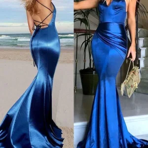 Royal Blue Fit and Flare Elastic Satin Backless Evening Dress Mermaid Prom Dress
