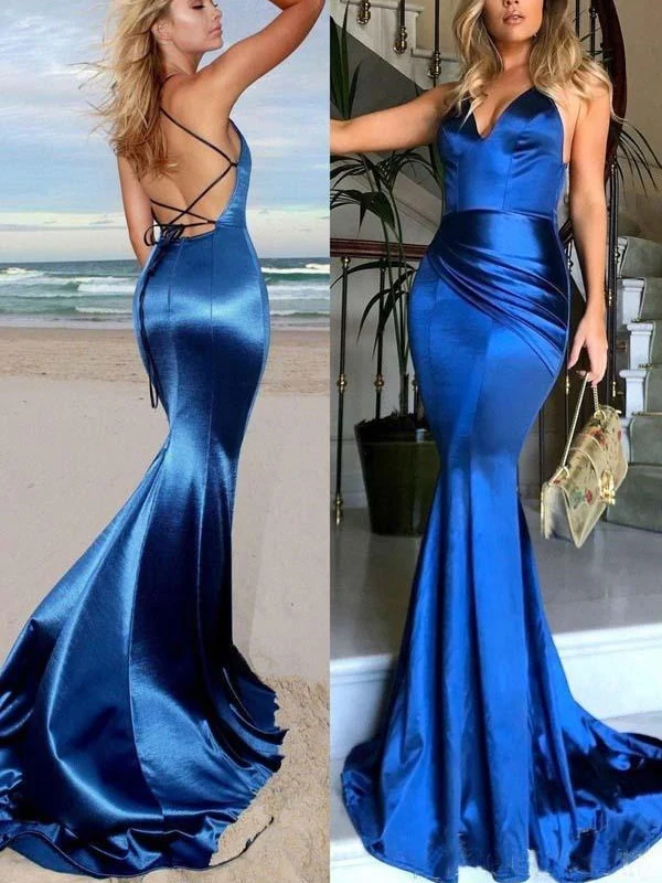Royal Blue Fit and Flare Elastic Satin Backless Evening Dress Mermaid Prom Dress - Bild 2