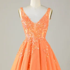 Orange Glitter Applique V-Neck Tulle Homecoming Dress