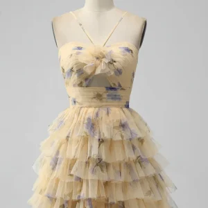 Yellow Print Keyhole Ruffle Tiered Short Homecoming Dress