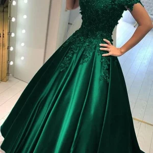 Satin Hunter Green Off Shoulders Balklänning Balklänning med spetsapplikationer