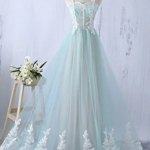 Flowy se genom isblå tyll balklänning högtidlig klänning