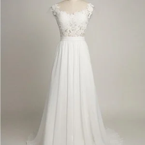 Se Through Lace Top A-Line Chiffon Beach Bröllopsklänning