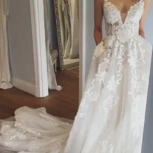 Sexig dopp V-hals spets A-linje se genom bröllopsklänning