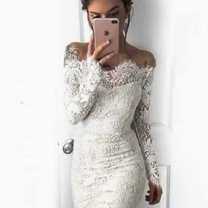 Short Off The Shoulder Lace Tight Bodycon Vit balklänning med långa ärmar