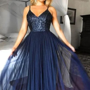 Simple Tulle Navy Blue Spaghetti Straps Prom Dress Formal Party Evening Dress
