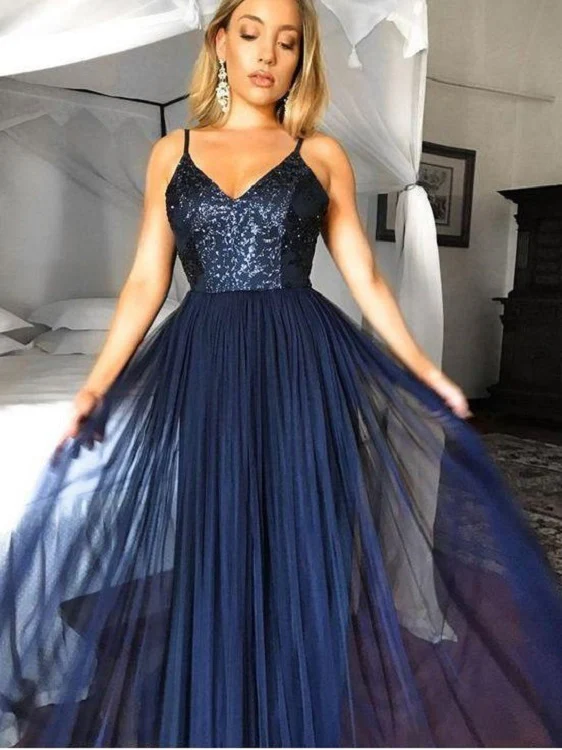 Simple Tulle Navy Blue Spaghetti Straps Prom Dress Formal Party Evening Dress - Bild 2