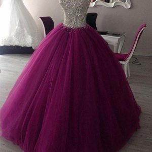 Sparkly Bead Top Purple Tulle Ball Gown Quinceanera Dress