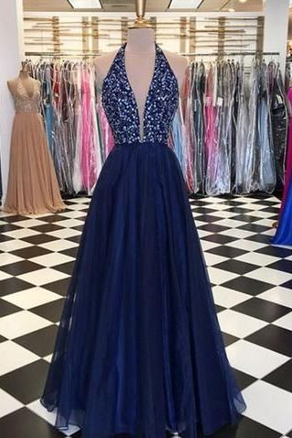 Sparkly Blue Tulle Halter Plunge V-ringad Prom Dress Freshman Dress - Bild 2