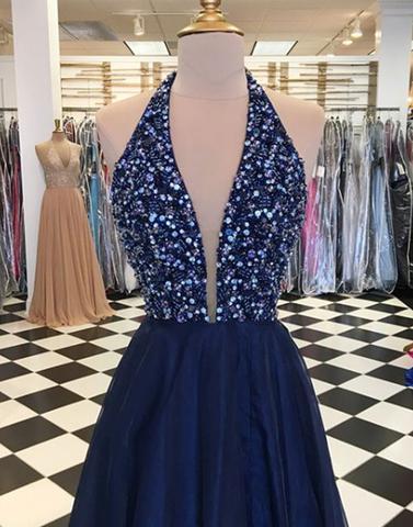 Sparkly Blue Tulle Halter Plunge V-ringad Prom Dress Freshman Dress - Bild 3