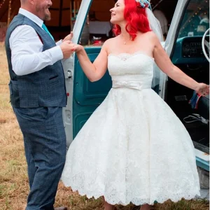 Strapless Full Circle Lace Calf Length Wedding Dress