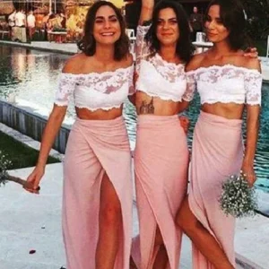 Sommar tvådelad kortärmad spets Crop Top Ankellängd brudtärnaklänningar