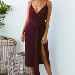 Te Längd Slida Burgundy Sommar Semi Formell Klänning Balklänning