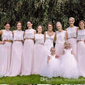 Trendig spetstopp i tyllkjol Rosa tvådelad brudtärnklänning, 20081821