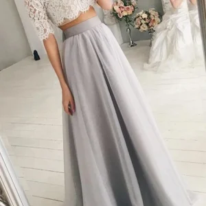 Trendig off the Shoulder Spets Crop Top Brud separeras med grå tyllkjol,20082556