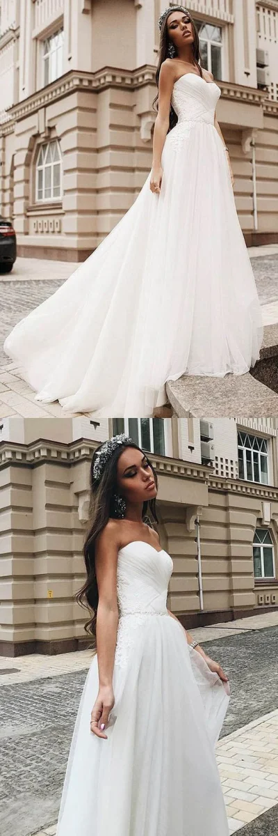 Handla Tyll Elegant golvlängd Enkel axelbandslös A-Line Bröllopsklänning - Bild 3