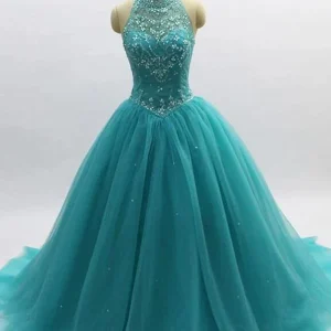 Turquoise Open Back Halter Neck Bead Drop Waist Quinceanera Dress