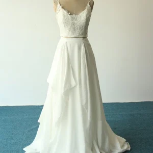 Unika Flowy Chiffong Spaghetti Straps Tvådelad Crop Top Brudbröllopsklänning