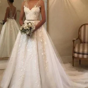 V back Spets Tyll Bröllopsklänning | Vestidos de Novia med spetsdekoration