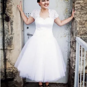 Vintage stil te längd bröllopsklänning för äldre brudar