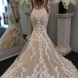 Vintage inspirerad sjöjungfru spets V-ringad långärmad bröllopsklänning med långa ärmar
